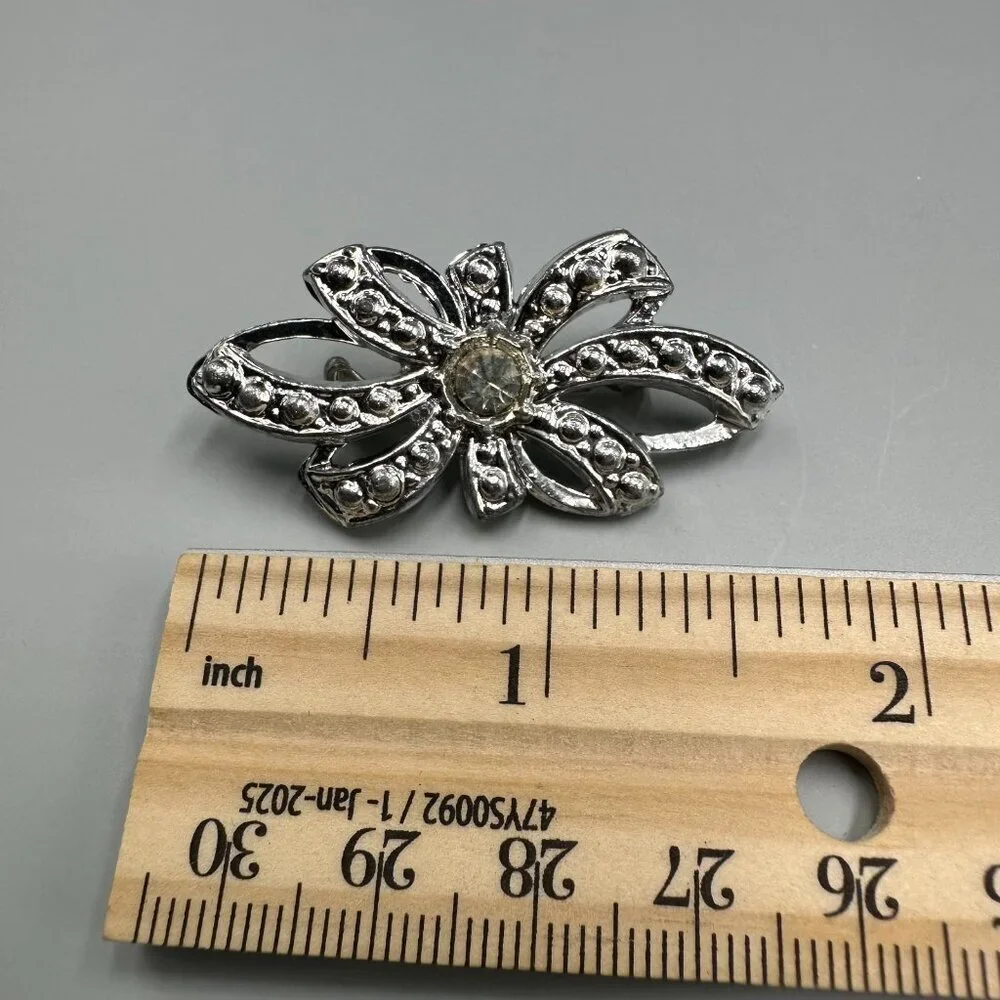 3/$30 Vintage Rhinestone Bow Brooch Silver Tone Textured Floral Ribbon Pin